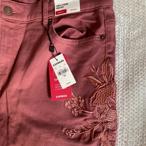 NWT Express Ankle Legging Size 12R Regular Skinny High Rise Pink Embroidered - Picture 10 of 13